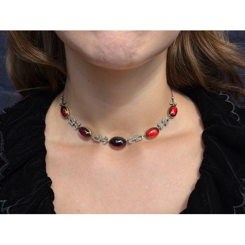 3 - Antique, A diamond, cabochon garnet, gold and silver necklace, circa 1870Composed of five graduated ... 