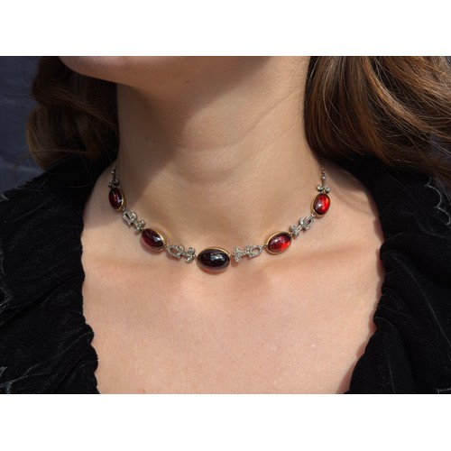 3 - Antique, A diamond, cabochon garnet, gold and silver necklace, circa 1870Composed of five graduated ... 