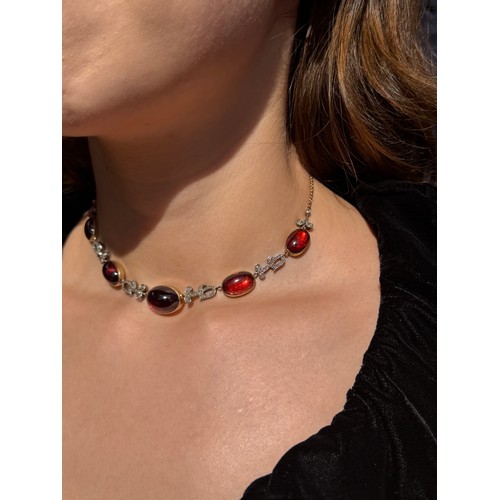 3 - Antique, A diamond, cabochon garnet, gold and silver necklace, circa 1870Composed of five graduated ... 