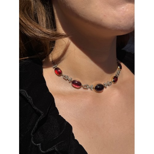 3 - Antique, A diamond, cabochon garnet, gold and silver necklace, circa 1870Composed of five graduated ... 