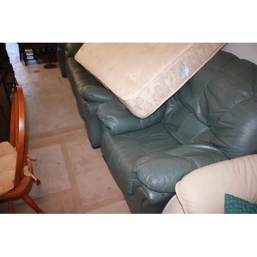 67 - Jade Green Leather Three-Piece Lounge Suite comprising Two Chairs and Sofa