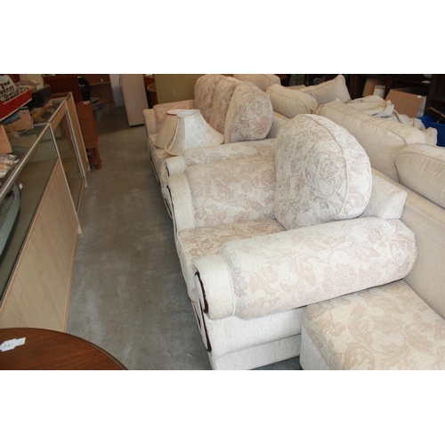 152 - Three-Seater Sofa, Matching Chair and Footstool in Cream Fabric