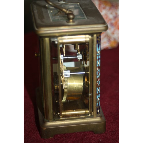 121 - Brass Carriage Clock having Ornate Enamelled Inlay (Needs attention)