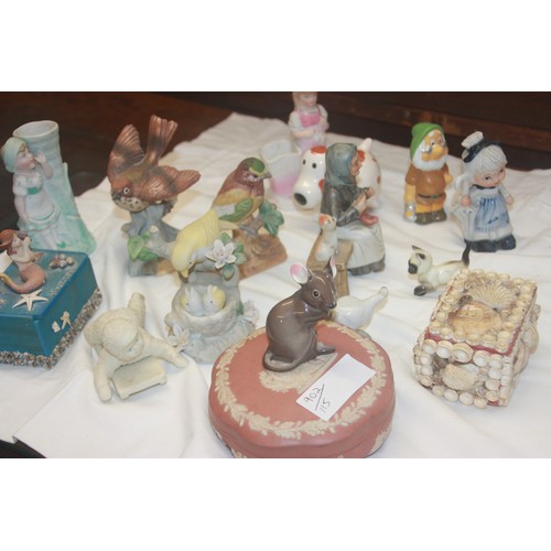 83 - Quantity of Figural Ornaments etc, including Wedgwood, Slip-Ware Vases, etc