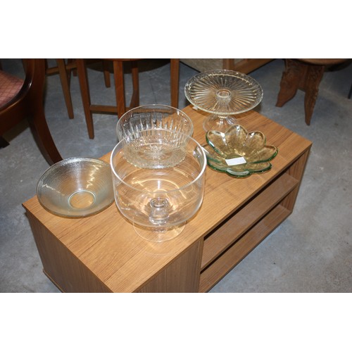 91 - Assorted Glass Items: Trifle Bowl, Cake Stand, Arcoroc France Bowl, plus Two Others