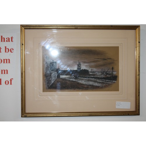 119 - Framed and Mounted Watercolour/Mixed Medium Scene of the End of a Pier/Ramparts (Signature not visib... 
