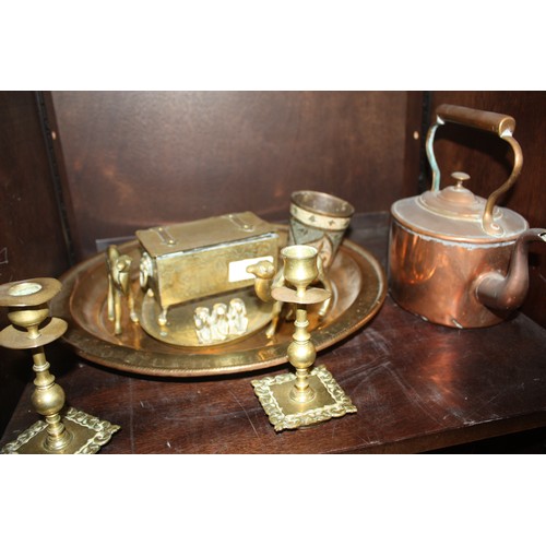 71 - Quantity of Brass and Copper-Ware: Pair of Candle-Sticks, Paper Weight, Lidded Box, Trays, Kettle, e... 