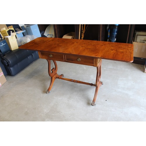 93 - A Regency Style Lyre-End Drop-Leaf Writing Table in Burr Walnut with Two Drawers and Two Faux Drawer... 