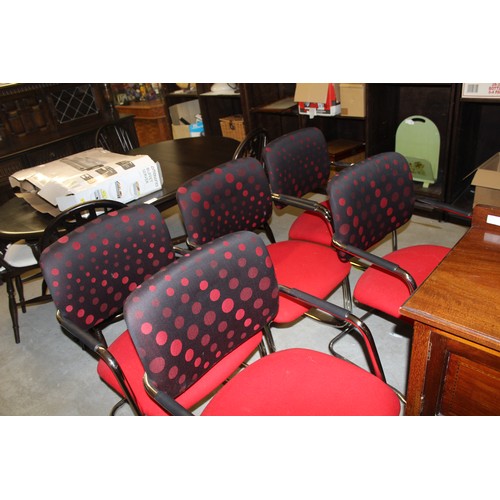 144 - Five Red and Black Polka Dot Upholstered Office/Reception Chairs on Chrome Frames