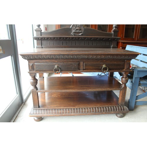 190 - Dark Oak Victorian Buffet on Short Cabriole Legs terminating on Bun Feet.
48