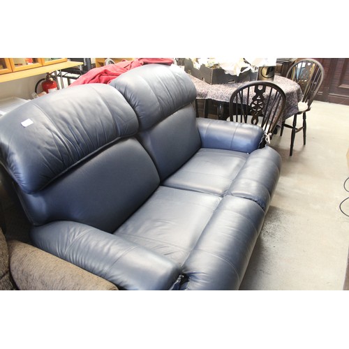 80 - Blue Leather Lazyboy Two-Seater Reclining Sofa (near new) Vienna Pattern