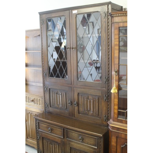128 - Oak Linenfold Glazed Display Cabinet