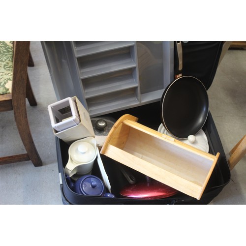 208 - A Suitcase containing a Breadbin. Cutlery Tray, Grater, Sauce Pan, Frying Pan, Gravy Jug. China Cass... 