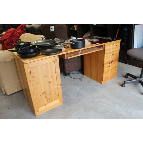 215 - Pine Twin Pedestal Desk with Computer Under-shelf with Three Drawer Cabinet and Cupboard