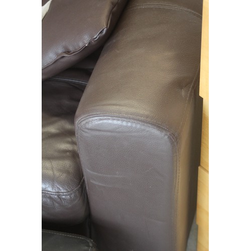 57 - Small Two-Seater Sofa in Brown Leather Plus a Pouffe and Two Scatter Cushions