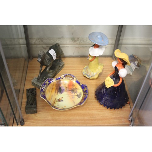 19 - Assorted:  Japanese Hand-Painted Plate Signed by J Kanz, Two Indian Soapstone Carvings, and Two Pott... 