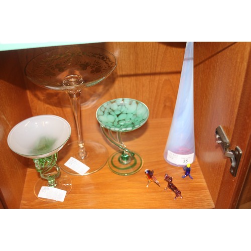 35 - Glassware:  Four Pieces of Murano, Two Coloured Glass Ornaments, and a Tall Stemmed Bon-Bon Dish hav... 