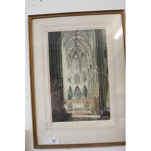 55 - Framed and Mounted  Embossed-stamped Coloured Etching of Westminster Abbey signed by Joseph F Pimm (... 