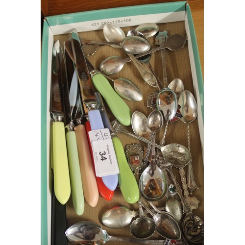 34 - Harlequin Set of Six Steak Knives and Two Butter Knives and a Quantity of Souvenir Spoons (approx 20... 