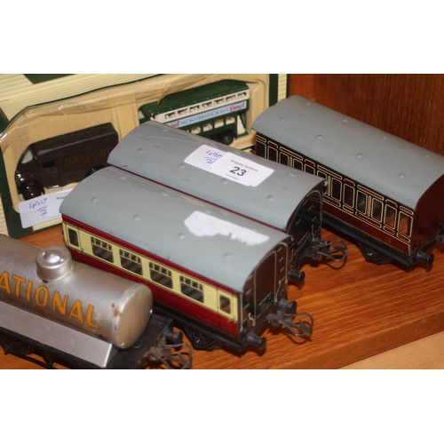 34 - Hornby O Gauge Goods Wagons: National Benzole, one Passenger Carriage in Maroon & Cream  Two  Passen... 