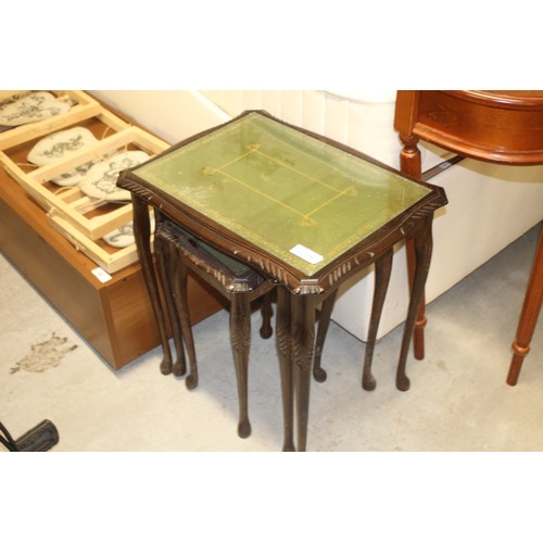 115 - Nest of Three Mahogany Occasional Tables with Green Leather Insets