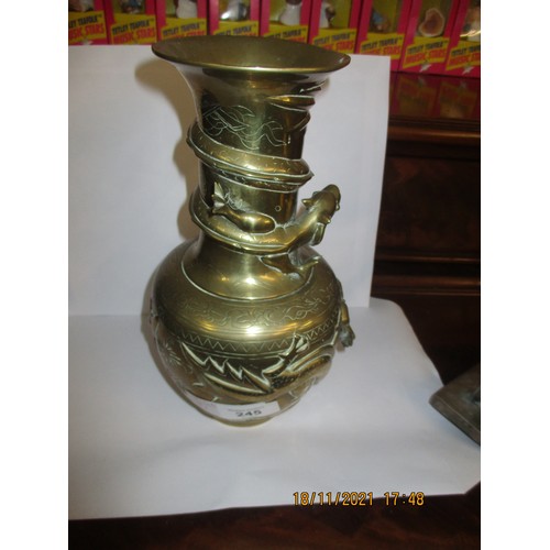 166 - Heavy Brass Chinese Vase/Urn decorated with Dragons , Plus Two Chinese Cups