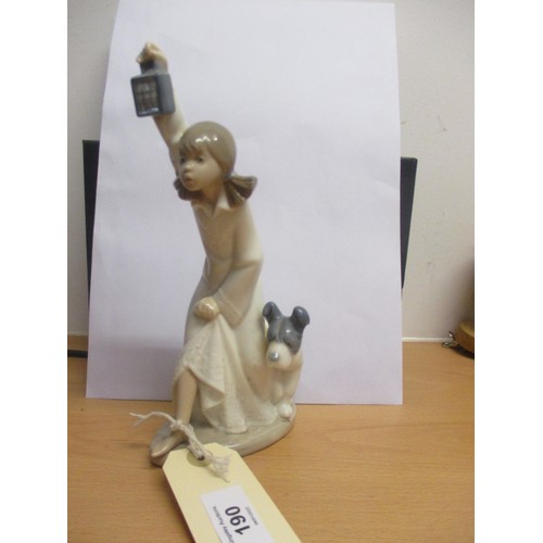 190 - Nao Porcelain Figurine Girl Holding Lantern with her Dog Ref 207. Approximately 9