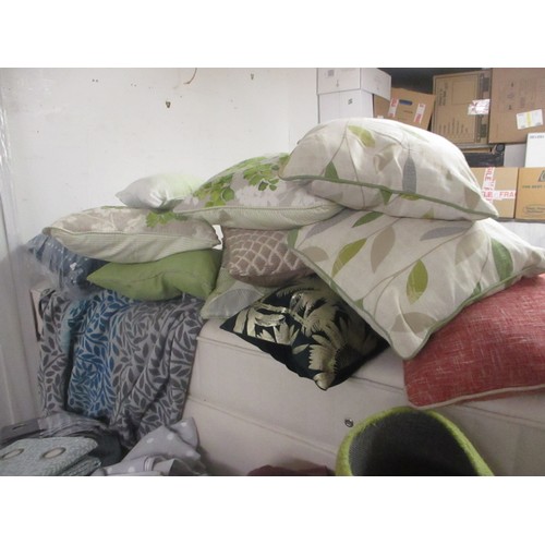 74 - Box of Cushions - mostly in a Green and Cream Colourway (approx 11) Plus a Quantity of Household Lin... 