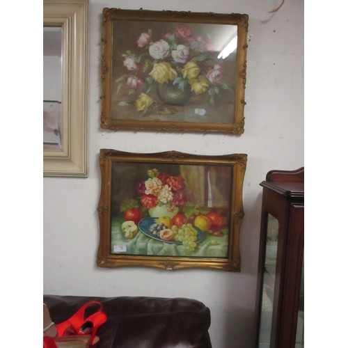 72 - Gilt Framed Prints (One of a Bowl of Fruit Signed Willy Haufe ? and One of a Bowl of Flowers)