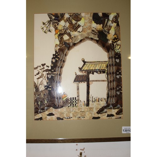 70 - One Framed and Mounted Butterfly Wing Collage Artwork of Japanese Archways. Approximately 16