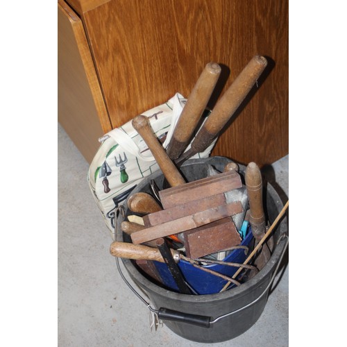 46 - Bucket containing Gardening Hand Tools and Knee Rest