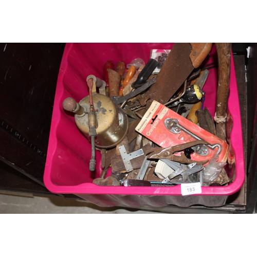 183 - Box of Large Tools:  Axes, Saws, Adjustable Wrenches, Vintage Garden Sprayer, Plasterboard Planer, e... 