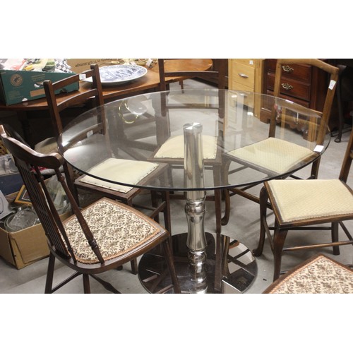 55 - Chrome Single Pedestal Glass Topped Circular Dining Table