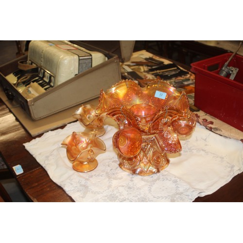 22 - A Carnival Glass Punch Bowl with Six Cups plus Two Carnival Glass Bon Bon Dishes, a Bowl and Jug