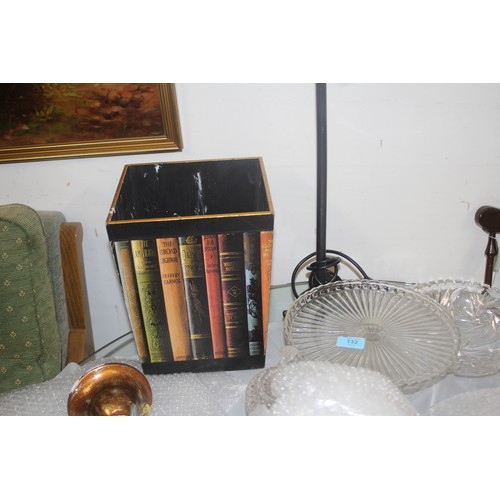 132 - Miscellaneous Items:  a Waste Paper Bin, Cast Glass Cake Stand, etc