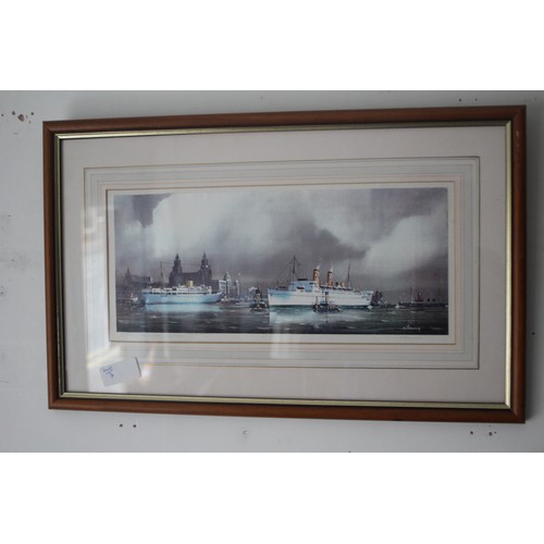 4 - Framed and Mounted Signed Print of a Canadian Pacific Empress Liner in the Mersey 1950s - 24