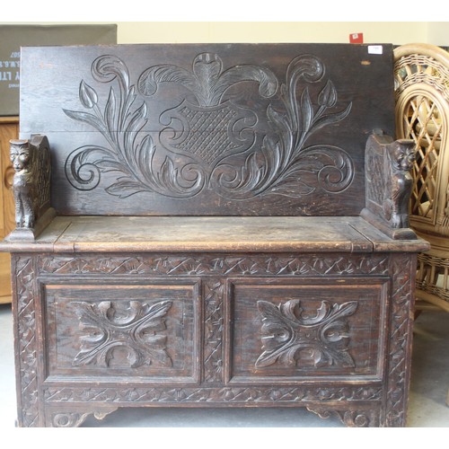 195 - Carved Dark Oak Monk's Bench