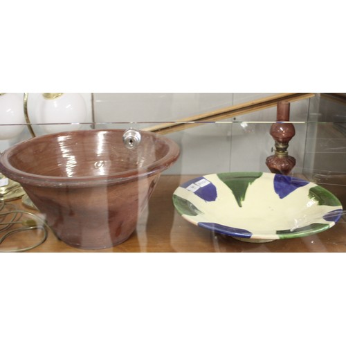 84 - A Large Terracotta Deep Bowl, a Large Pottery Bowl, a Wedgwood Lidded Bowl, etc