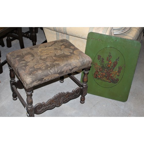 107 - Oak Rectangular Stool (Upholstered Top needs Replacing) Plus a Vintage Fire Screen (missing its fram... 