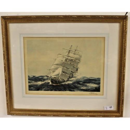 9 - Gilt Framed and Mounted Print of the Barque Thermopylae by J Spurling 1924 Signed - 28