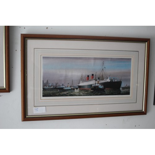 56 - Framed and Mounted Signed Print by John Shimmin of RMS Mauretania (1938) in the River Mersey circa 1... 