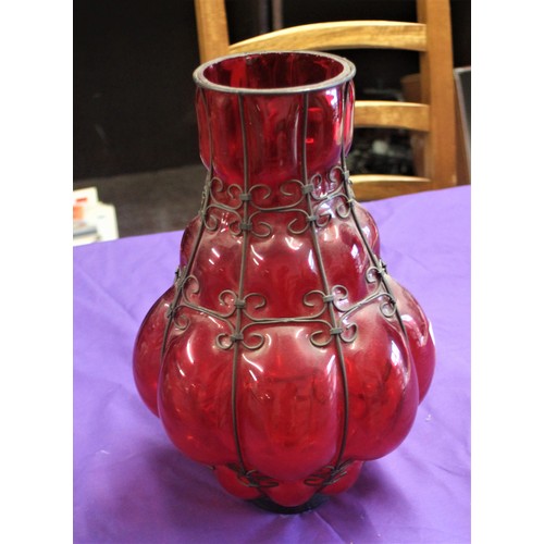 262 - Mediterranean Style Heavy Red Glass Bulbous Exterior/Interior Light Shade (with Ornamental Metal Fra... 