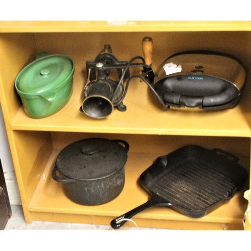 41 - Assorted Cast Iron Kitchen Equipment:  Lidded Casseroles, Mincer, etc