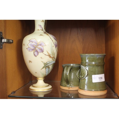 139 - Two (Green) Pottery Beer Mugs (for the Ellesmere Port IWA '85) Plus a Porcelain Gilt-Decorated Ewer