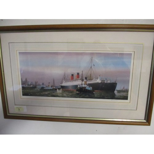 16 - Framed and Mounted Signed Print by John Shimmin of RMS Mauretania (1938) in the River Mersey circa 1... 