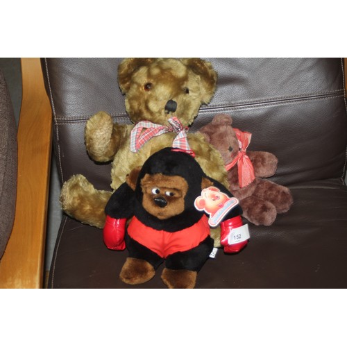 152 - Three Vintage Soft Toys:  A Teddy Bear with Moving Limbs, a Patamates Boxing Gorilla, etc