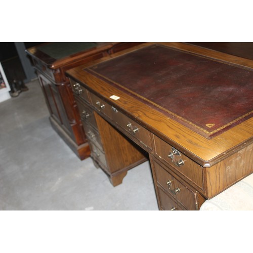 10 - Oak Veneered Twin Pedestal Writing Desk/Computer Table with Leather Inlaid Top