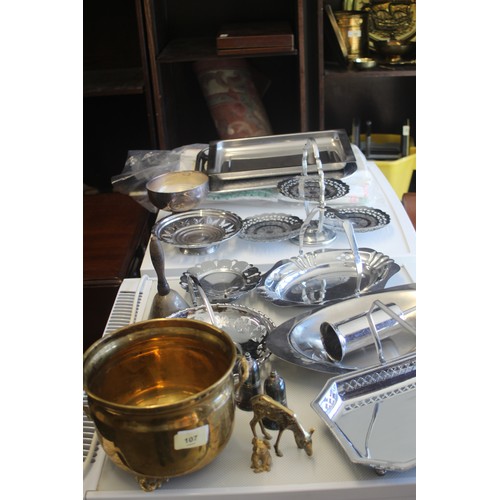 107 - Quantity of Mixed Metalware including a Brass Plant Pot, Old School Bell, Ornamental Deer, Silver Pl... 