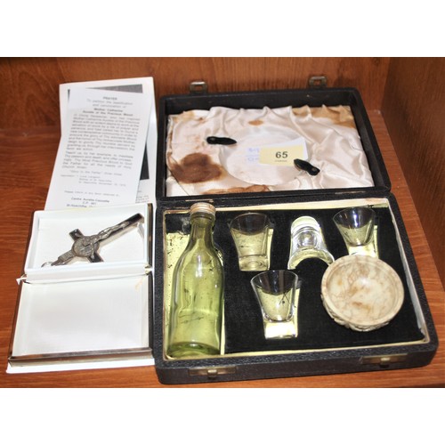 65 - A Cased Portable Ecclesiastical Sacrament Set including Wine Glasses and Bottle, etc Plus a Cased Cr... 