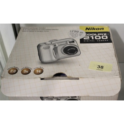 38 - Boxed Nikon Coolpix 2100 Digiti9al Camera (complete with Leads Instructions) etc.